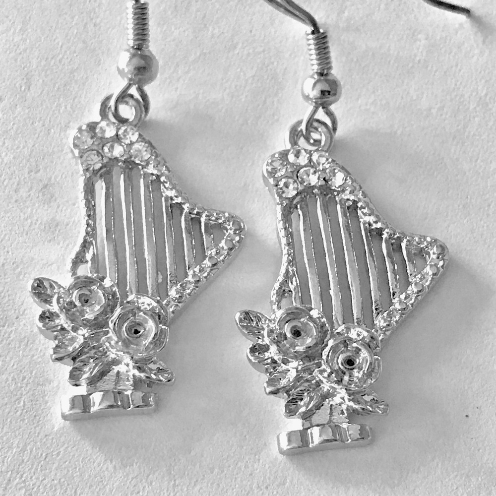 Silver Plated Vintage Celtic Harp Lyre Earrings Music Roses Dangle Musician Gift